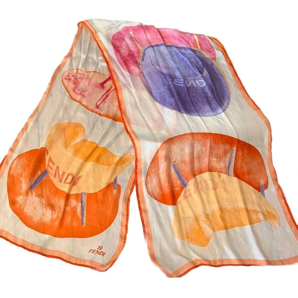 Vintage FENDI Scarf Silk Chairs Orange‎ Pink 60x15 High end Old Money